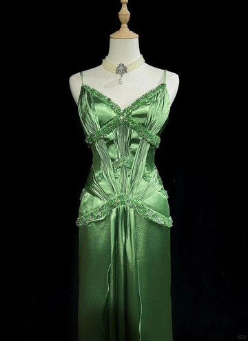 Niulatu Green Spaghetti Straps Satin Beaded Prom Dress Evening Dress HZ1007